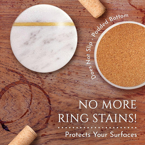 <strong>4</strong>&quot; Wide Modern Round Table Coasters with Gold Brass <strong>Inlay</strong>, Set of 6pcs Coasters Made From Real Solid Marble with Cork Backside - Product Image 6