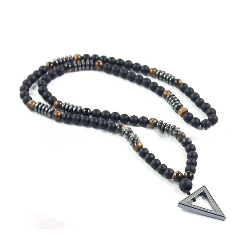 MANCHAO Brown Tiger Eye Necklace with Large Hematite Triangle Pendant Black Glass Bead Plated Steel-for Gift