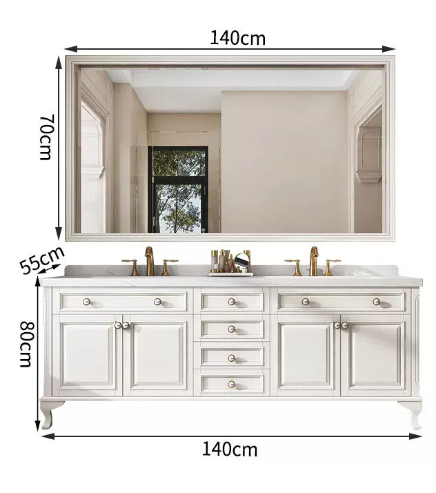 Piano di lavoro integrato in pietra da 140 cm con lavabo in ceramica + specchio smart