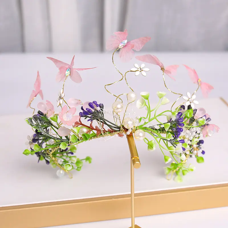 Venta al por mayor nupcial boda fiesta decorativa flor artificial perla mariposa diademas