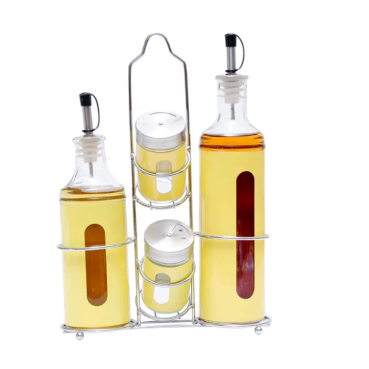 Tabletop dầu Dispenser giấm thủy tinh cruet chai Set với Rack