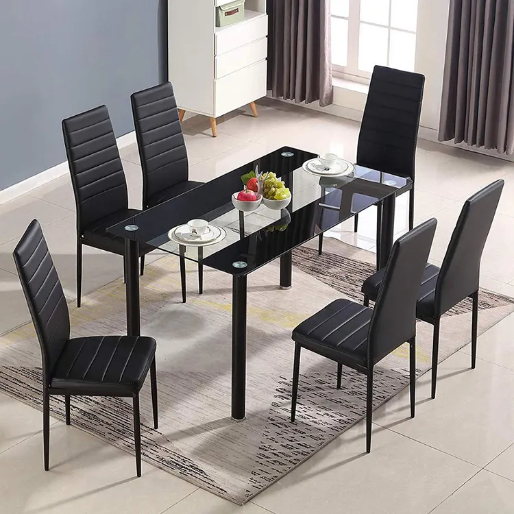 Gute Qualität Glasplatte Bankett Esstisch und Stühle Set Modern Black 6 Sitze Solider Küchentisch für Esszimmer Set