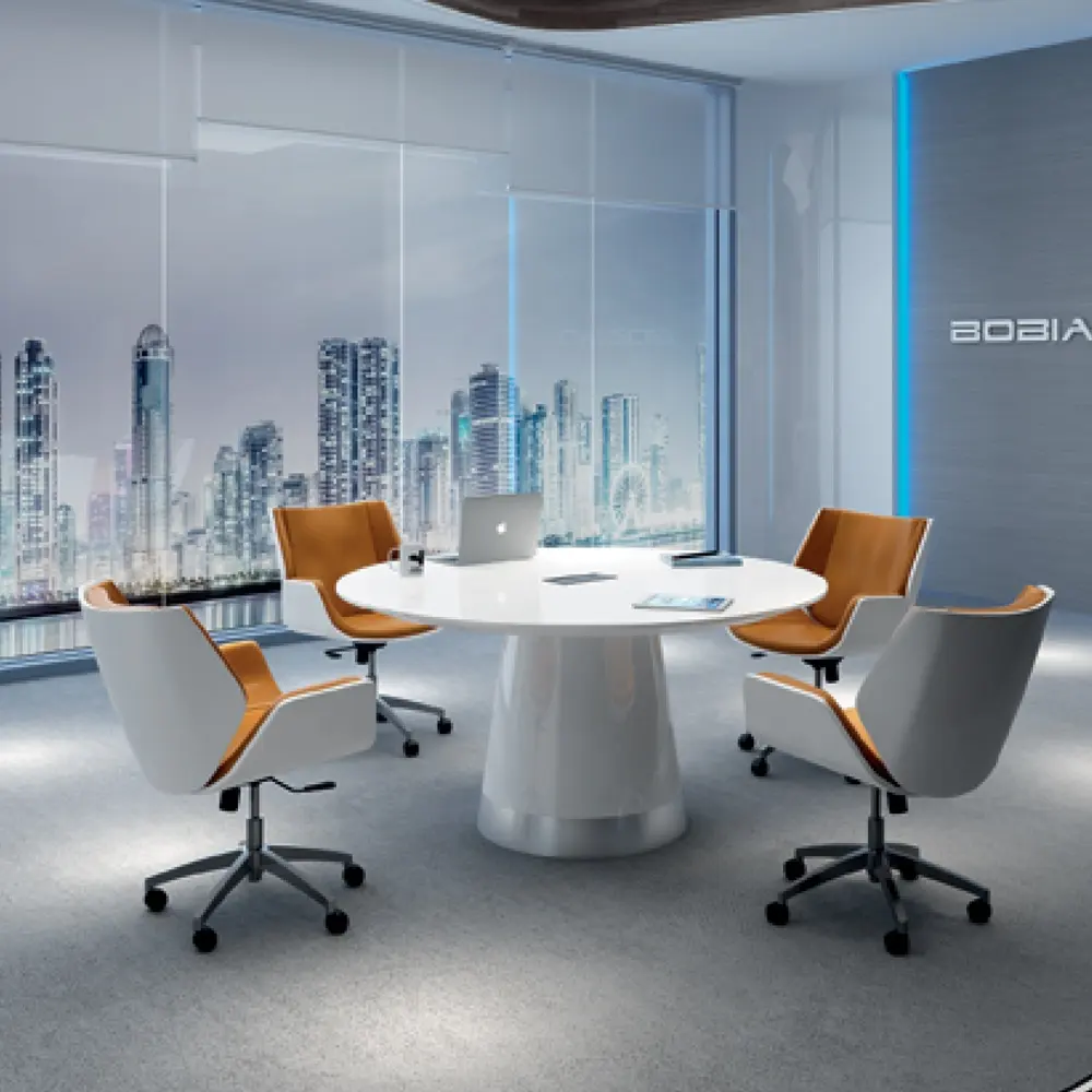 Mesa de conferencia para 6 personas, caja de alambre multifunción con base de acero inoxidable, redonda, de negocios, moderna y de lujo, color blanco