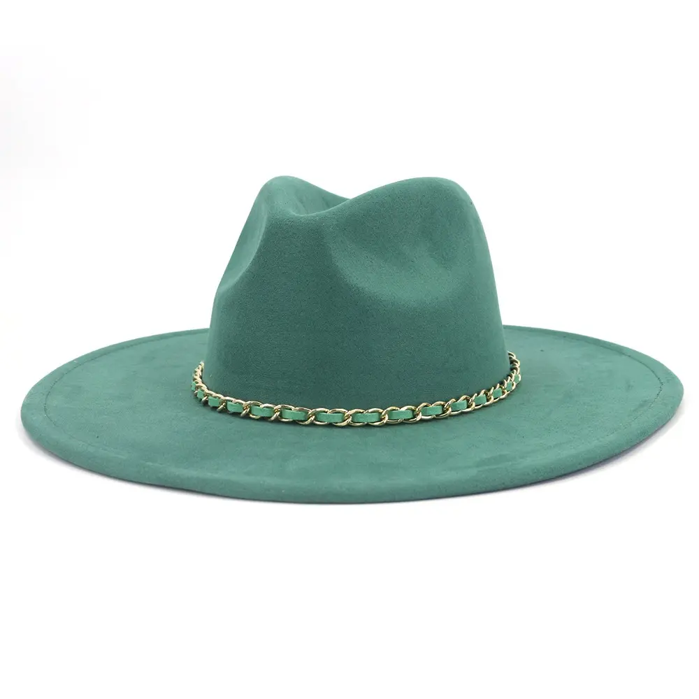 Sombrero de ala ancha para mujer, sombrero de Fedora de ante con decoración de cadena de oro y metal, en blanco, venta al por mayor, 2022, 2023