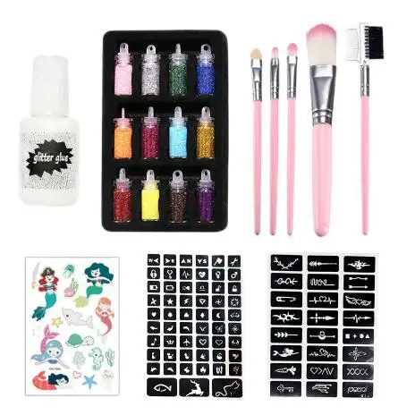 Conjunto de pincéis de maquiagem 12 cores, crianças, adultos, festa, glitter, corpo, adesivos temporários, kit de tatuagem