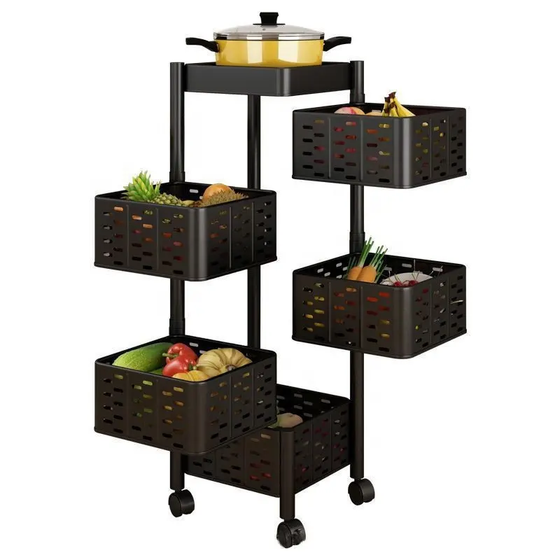 Étagère de cuisine à 5 couches avec chariot rotatif Support de rangement pratique Meubles modernes en bois et en métal pour la cuisine