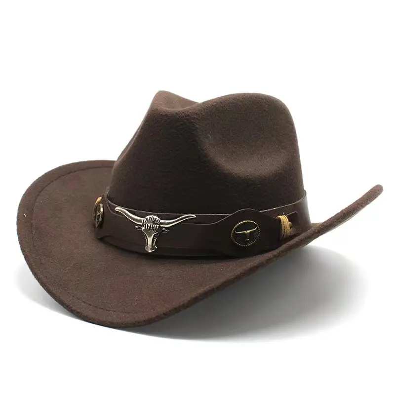 Groothandel Etnische Western Cowboy Hoed Unisex Retro Wollen Vilt Cowgirl Jazz Hoed Voor Heren Volwassen Cowboy Feest