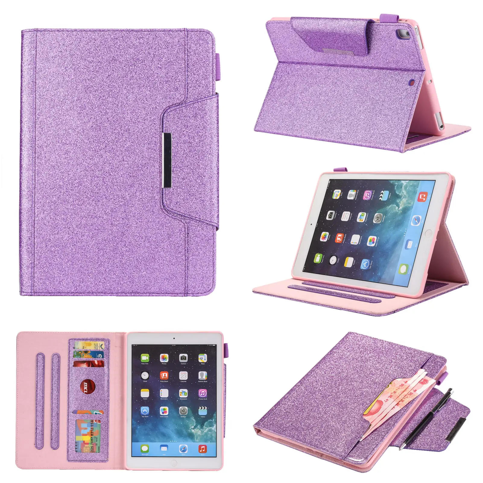 Glitter Bubuk PU Kulit Dompet Ponsel Case untuk iPad 10.2 Inch 2019