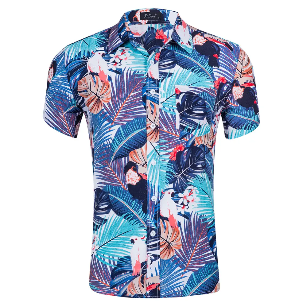 Camisa havaiana de algodão de manga curta, camisa floral masculina europeia e americana