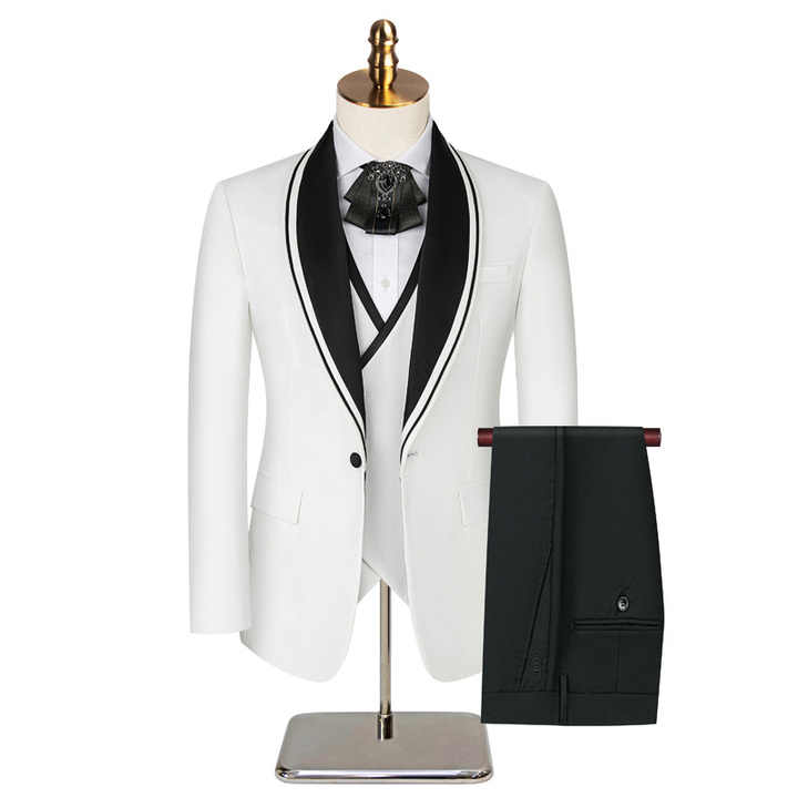 2025 Latest Design Groom Wedding Suits High Quality 3 Piece Jacket Vest Pants Slim Fit Men Suits White With Black Collar