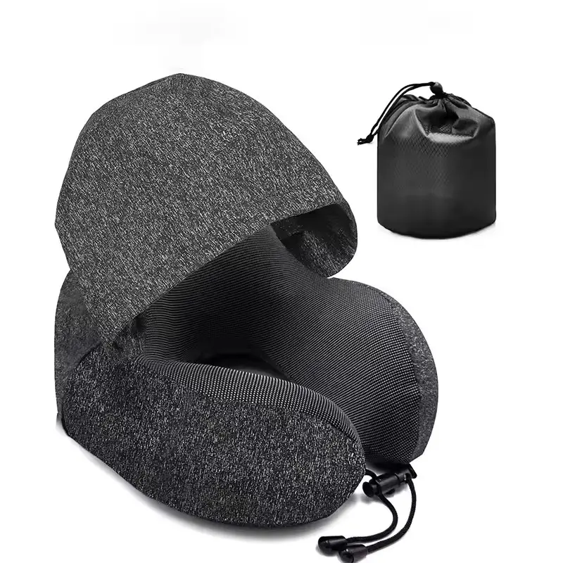 Hotsale portatile a forma di U cuscino per il collo da viaggio con cappuccio e cuscino per il pranzo da ufficio cuscino per il collo traspirante ad alta densità