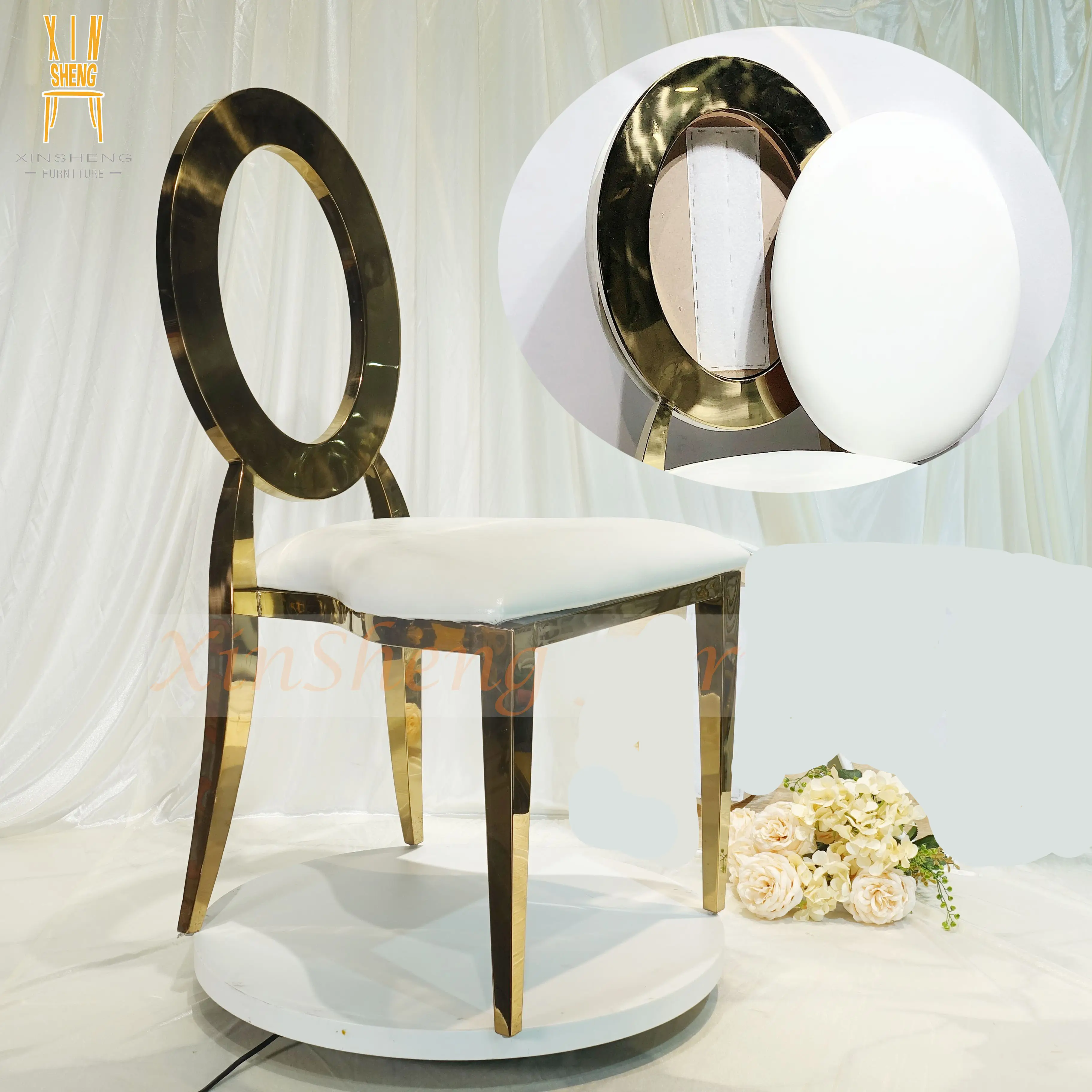 Silla de boda de acero inoxidable para Hotel, asiento dorado con diseño trasero redondo para evento de lujo