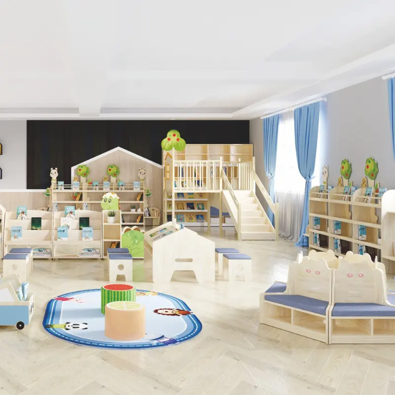 Juego de centro de cuidado infantil de plástico para niños usado chico Escuela de madera Montessori guardería preescolar suministros de guardería muebles de jardín de infantes