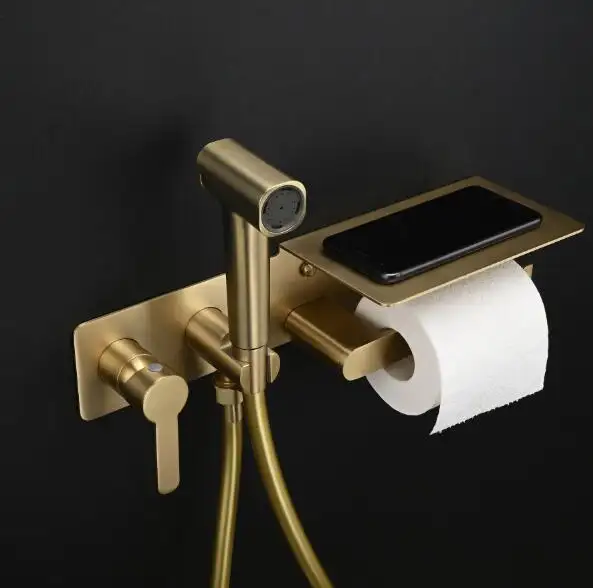 Bathroom Brushed Gold Hot and Cold Brass Self Cleaning Toilet Shattaf Bidet Spray Set Muslim Shower Handheld with Paper Holder