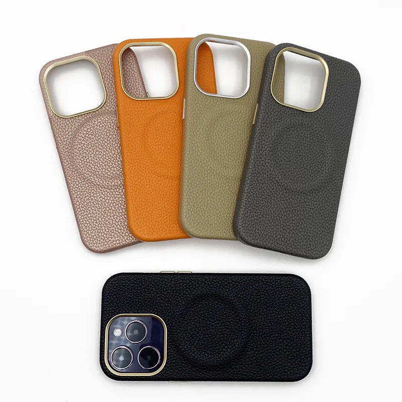 Sarung ponsel pelindung lensa kamera, sarung ponsel kulit kerikil kustom dengan magnet untuk iphone 15 pro