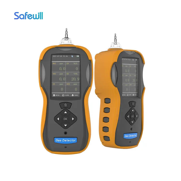 كاشف غاز قابل للنقل متعدد من Safewill بتخفيضات كبيرة 6 في 1 محلل تسرب غاز CO/CO2/O2/H2S/VOC/CH4 كاشف غاز مع طابعة تعمل بالبلوتوث