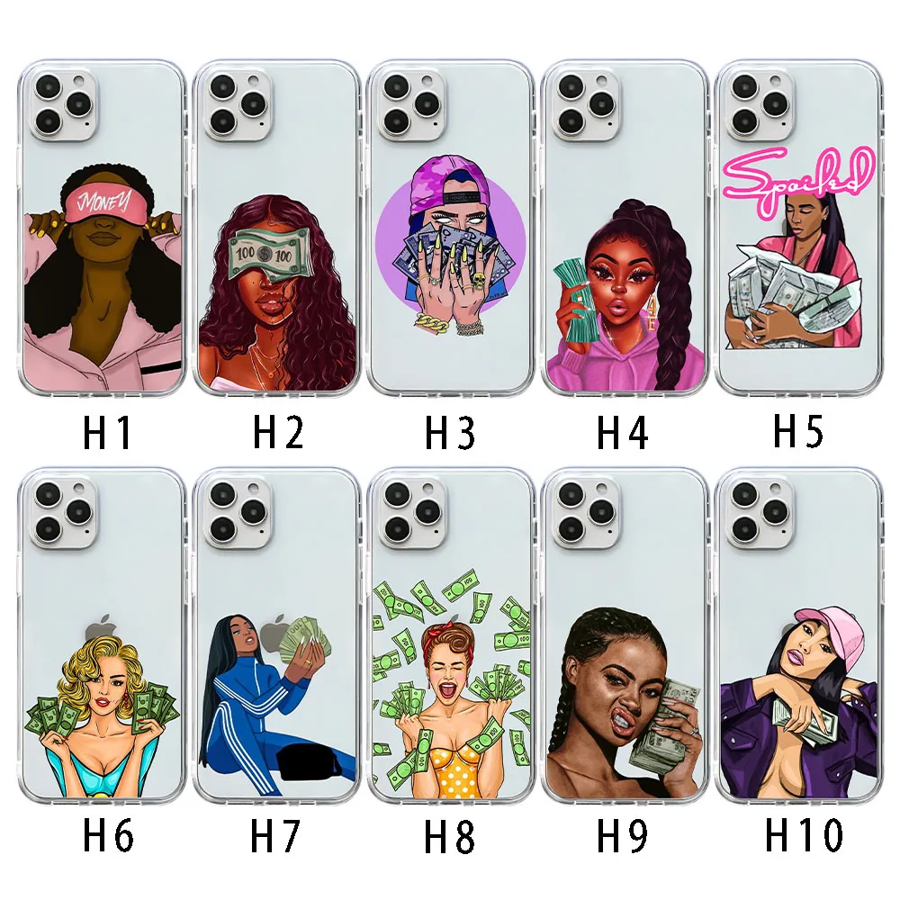 Cartoon Geld Schilderij Zwarte Meisjes Zachte Tpu Mobiele Telefoon Case Voor Iphone 12 Pro Max