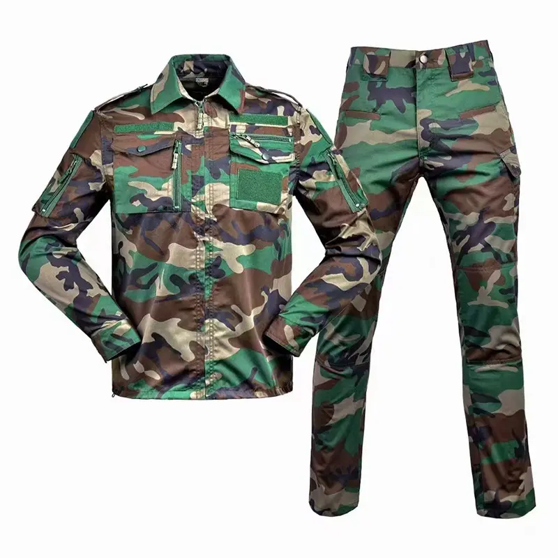 Fábrica venda direta ultra-fina sarja poliéster algodão camuflagem terno longo sleeved conjunto outdoor trabalho roupas