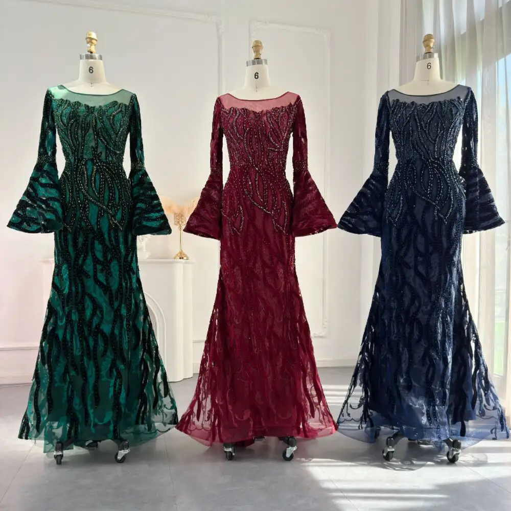 Luxo Dubai Esmeralda Verde Veludo Vestido De Noite Para As Mulheres Festa De Casamento Elegante Sereia Longo Formal Vestidos Scz167