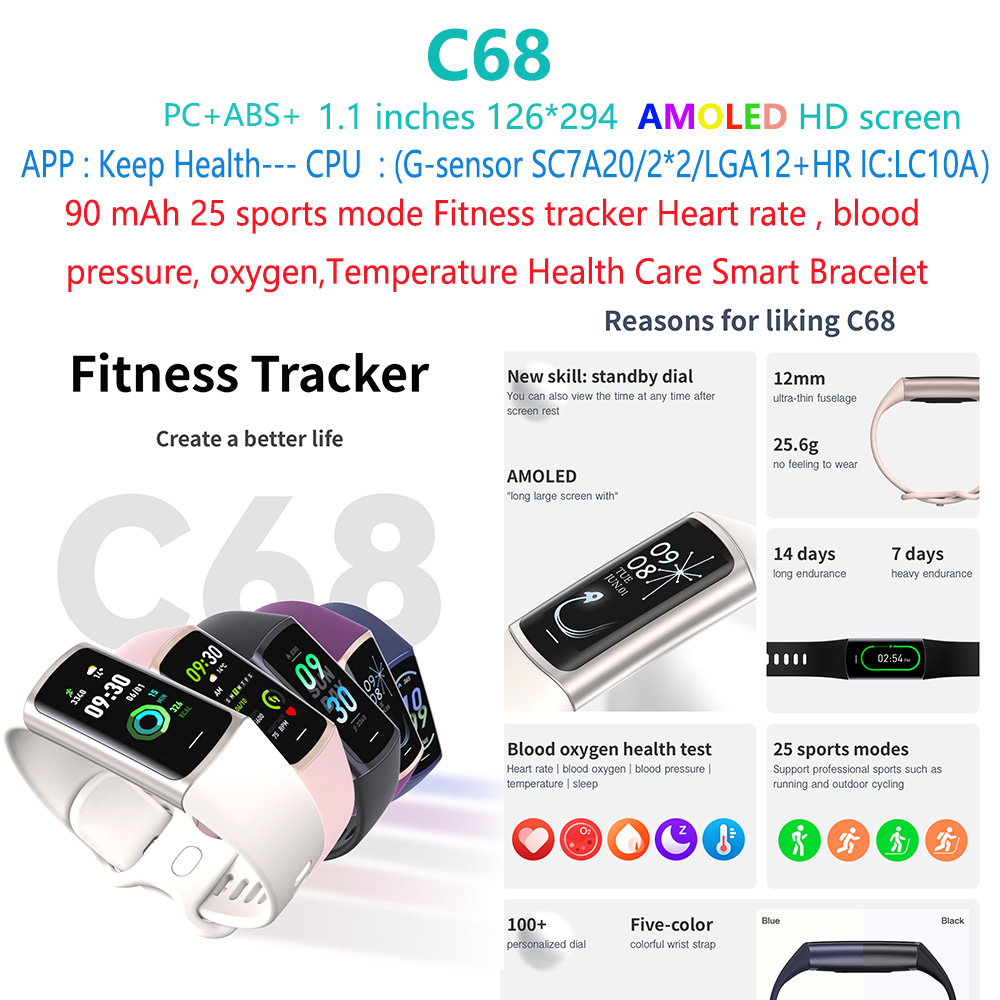 C68-pulsera inteligente con seguimiento de actividad física-