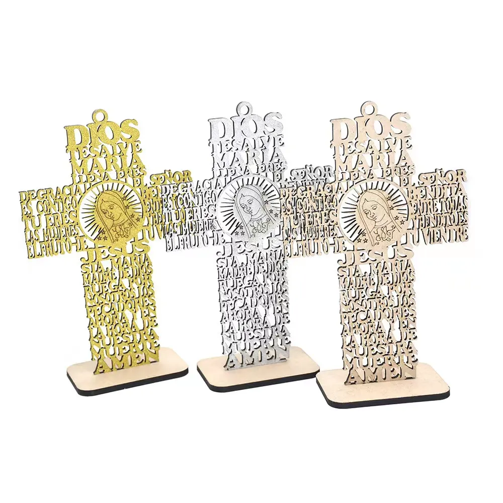 20.5*12.5cm Laser wooden cross ornaments, gold and silver powder wedding ornaments
