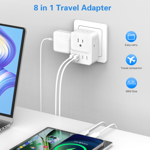 8合1 4路美国插座至英国/欧盟/美国Type-C插头旅行适配器，带双2USBA和2USB-C充电器，在英国/美国/欧盟市场紧凑使用