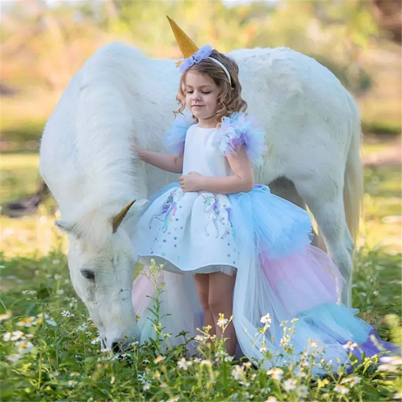 Vestido de princesa de unicornio para niñas pequeñas, vestido de flores y arcoíris, disfraz de fiesta de cumpleaños, vestido de tul de verano