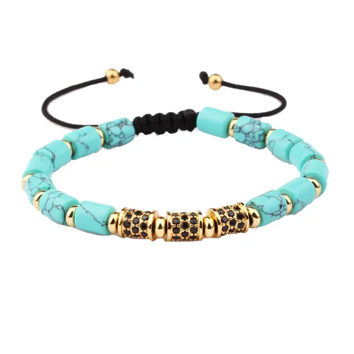 Natural Stone Blue Turquoise Black CZ Pave Tube Macrame Beads Bracelet For Women Men JBS9599