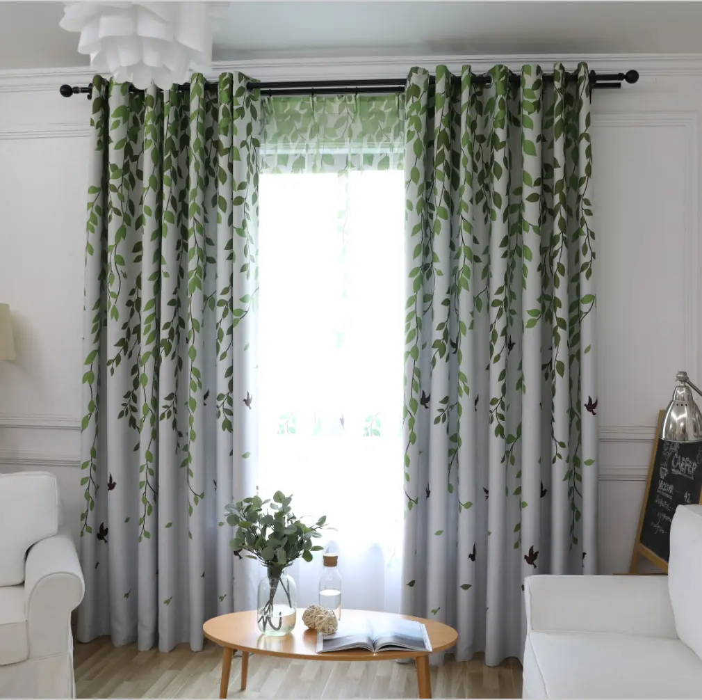 Printed Living Room Curtains, Green Leaf Curtain Drapes with Sheer for Bedroom