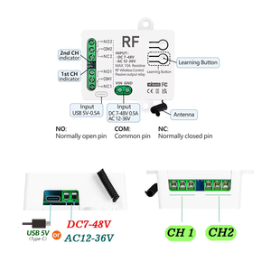 RF433MHz <strong>Universal</strong> Wireless <strong>Remote</strong> <strong>Control</strong> Transmitter DC 12V 24V AC12-36V 2CH Receiver Relay for Garage Roll Shutter Door Light - Product Image 5
