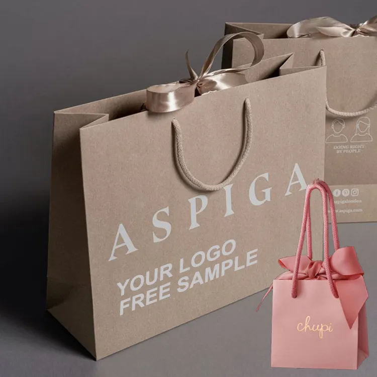 Sacos de papel para presente de varejo com logotipo de design personalizado de luxo 100% reciclável, embalagem marrom para compras, roupas e sapatos boutique