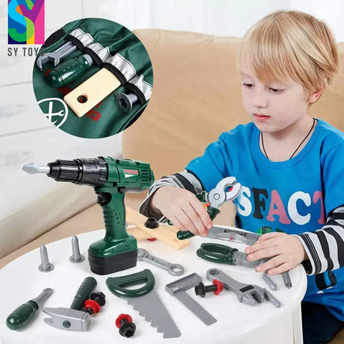 SY zaino giocattolo per bambini banco da lavoro in plastica sicuro Set di giocattoli per attrezzi per bambini Set di giocattoli per utensili elettrici per trapano elettrico per ragazzi