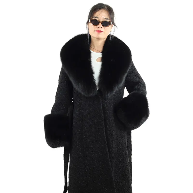Chất Lượng Cao Tweed Áo Len Với Đẹp Dày Mùa Đông Phụ Nữ Mới Màu Đen Fox Lông Cổ Áo Còng Belted Áo Khoác Len