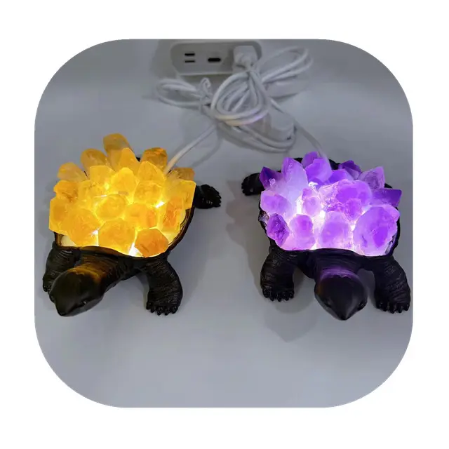 Natur carv pierres précieuses cristaux artisanat pierres de guérison lumière blanche led améthyste naturelle citrine cristal grappe tortue de mer pour cadeau