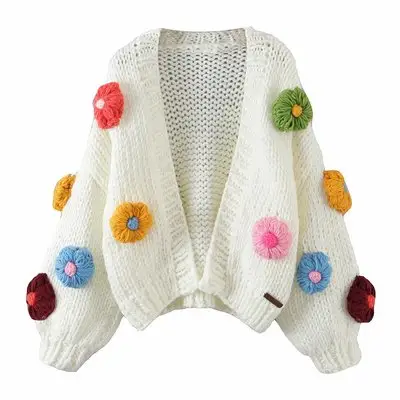 Cárdigan grueso tejido a mano para mujer, suéter grueso hecho a mano con flores para invierno