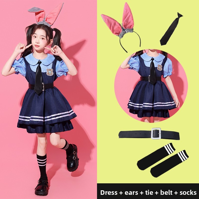 Dark blue dress + belt + tie + rabbit ear headband + socks