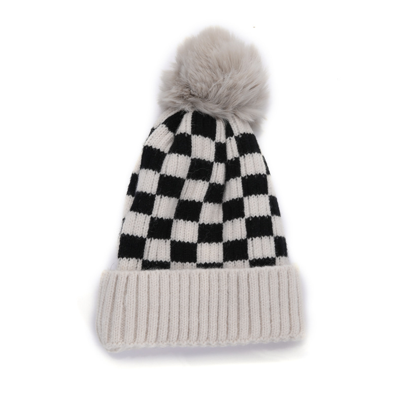 Beige Checkerboard Kids Knit Hat Beanies With Pom Pom