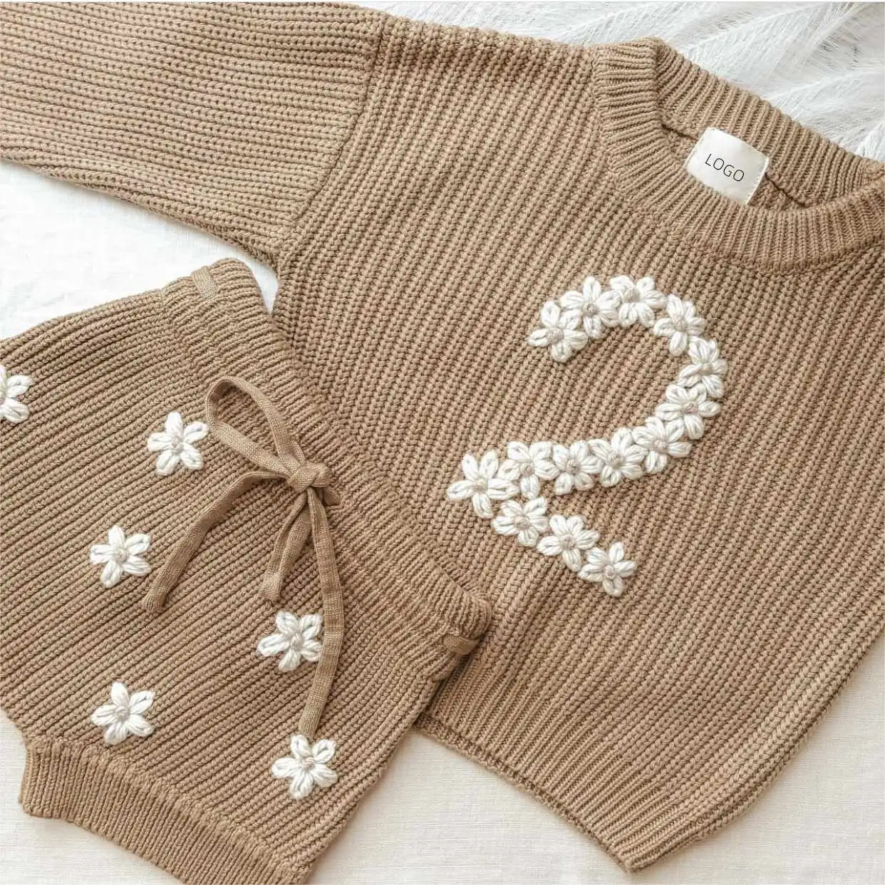 Kunden spezifische LOGO Stickerei 100% Baumwolle Strick Übergroße Kleinkind Geschlecht Neutral Baby Kids Pullover Speckle Sweater Sweater