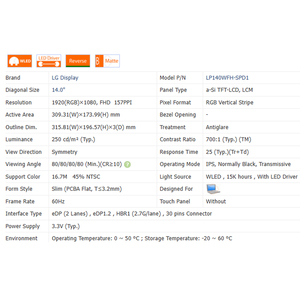 700:1 LP140WFH-SPD1/3/5/6/7/8 No Touch 16:9 <span class=keywords><strong>LCD</strong></span> 14.0 "<span class=keywords><strong>Module</strong></span> d'écran 1920*1080 WLED nouvel écran <span class=keywords><strong>LCD</strong></span> pour ordinateur portable EDP 30 broches 61% SRGB - Product Image 6