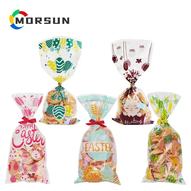 MorSun 50pcs 부활절 셀로판 가방 부활절 달걀 치킨 패턴 투명 치료 가방 축제 사탕 비스킷 케이크 포장 가방