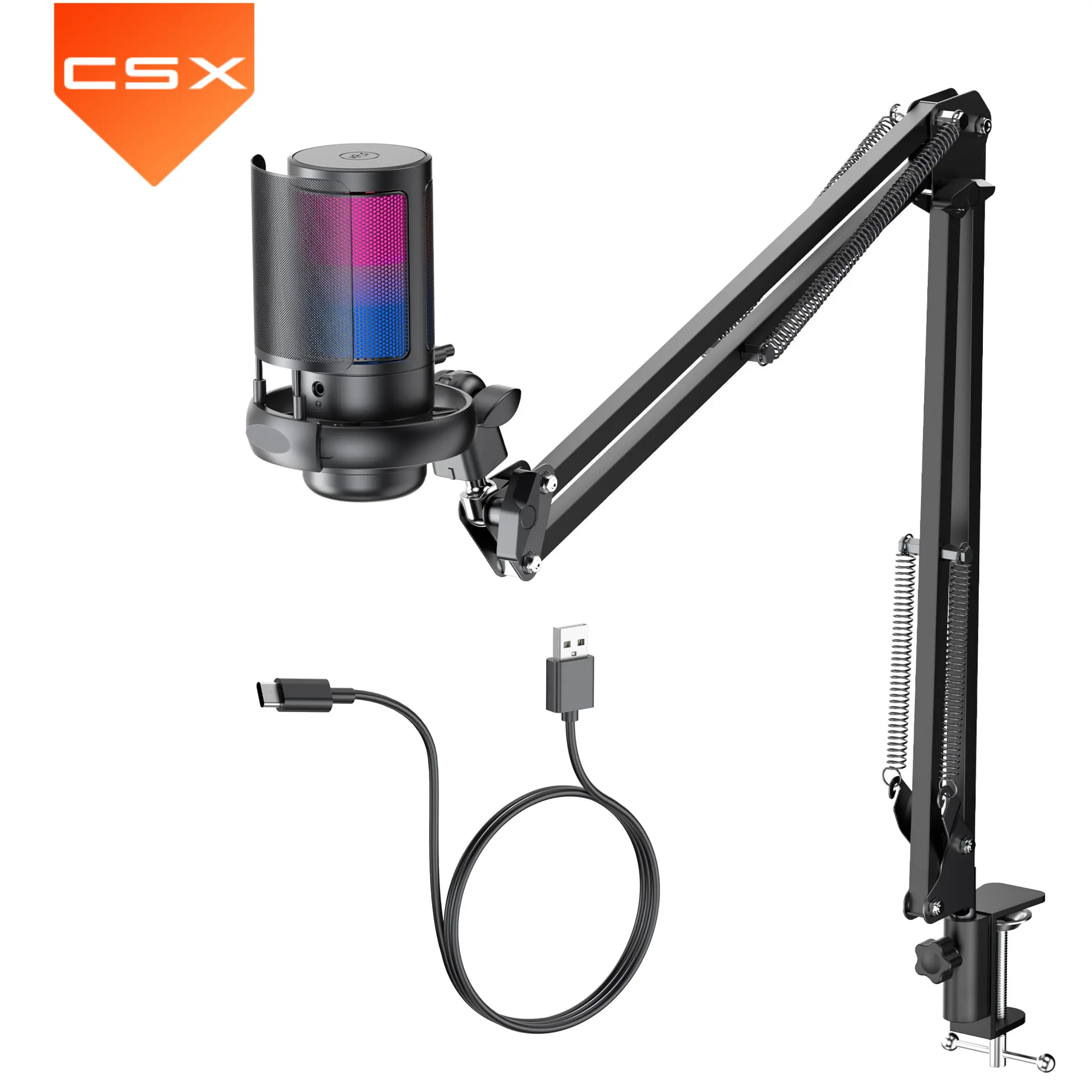 CSX CS60 USB Microfone Condensador Profissional Micro telefone Streaming Podcast Microfone RGB Gaming Microfone