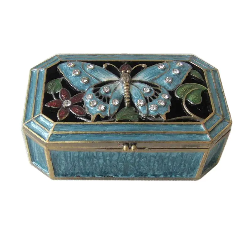 Boîte à bijoux Vintage en alliage de Zinc bleu, emballage cadeau en métal avec Design papillon, couvercle rabattable et creux
