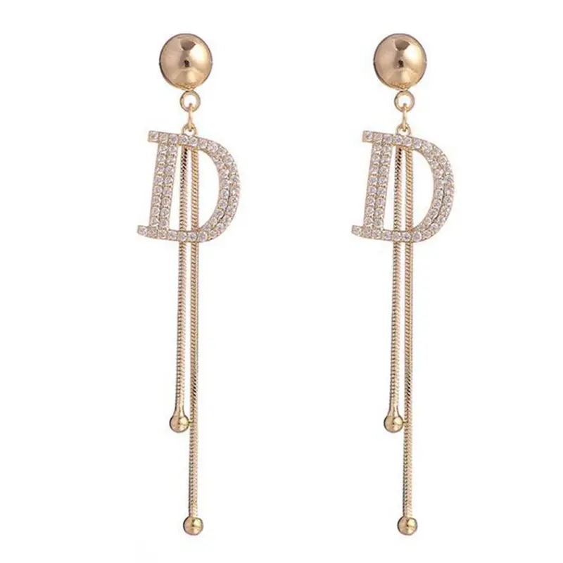 2021 Ladies Crystal Big Long Tassel Earrings Letter D Drop Earrings For Women Female Wedding Jewelry Wholesale