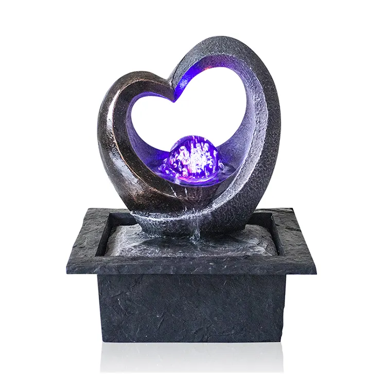 Fontana a cascata d'acqua con sfera rotante a forma di cuore in resina da tavolo per interni personalizzata Fuente Air Mancur decorazioni per ufficio