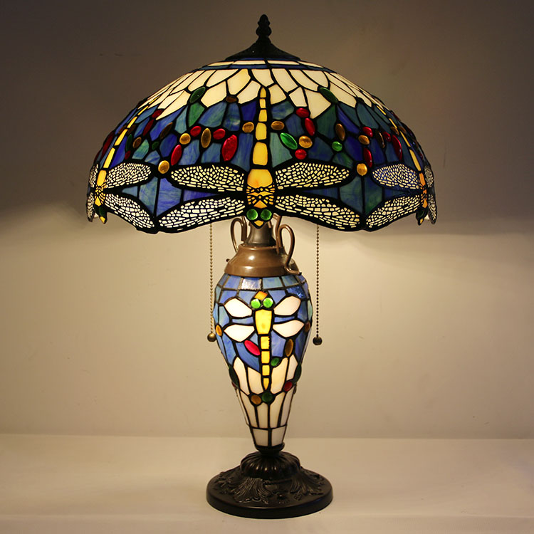 LongHuiJing 16Inch Tiffany-style Blue Dragonfly Table Lamp with Lighted Base