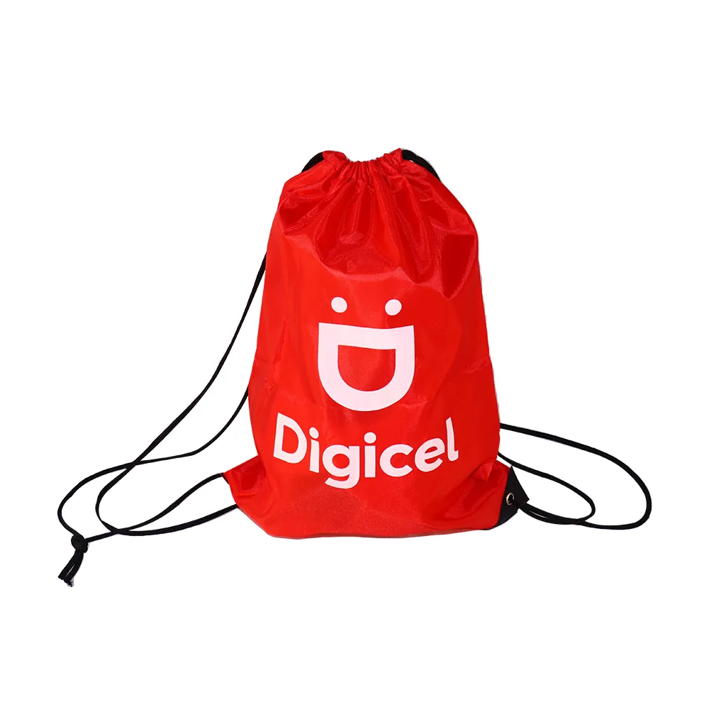 Mochilas con cordón para gimnasio, bolsa de bolsillo de nailon impermeable 210D, con logotipo personalizado, de poliéster, color rojo, para deportes