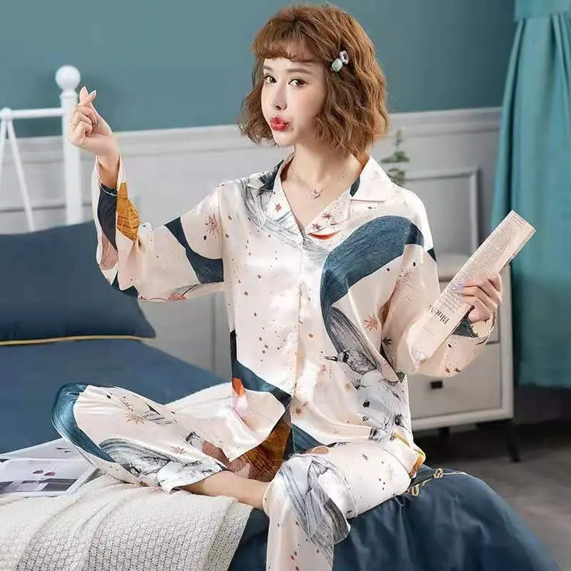 Pijama de seda satinada para Mujer, ropa de dormir con botones, para invierno, 2 unidades