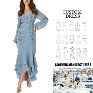 Đầm dạ hội maxi voan chiffon màu xanh lam thêu tay kiểu dáng 2025 dành cho nữ, cổ chữ V, tay dài, xếp tầng, thanh lịch, sang trọng - Product Image 2