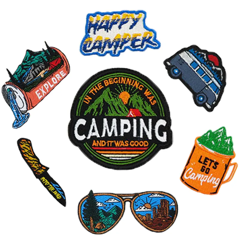 Campeggio regali personalizzato campeggio all'ingrosso Patch ricamate su misura stirare In Patch borse da viaggio abbigliamento