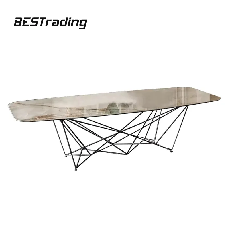 Juego de mesa de comedor moderno con patas de acero inoxidable y tapa de mármol LED ovalada de diseño europeo